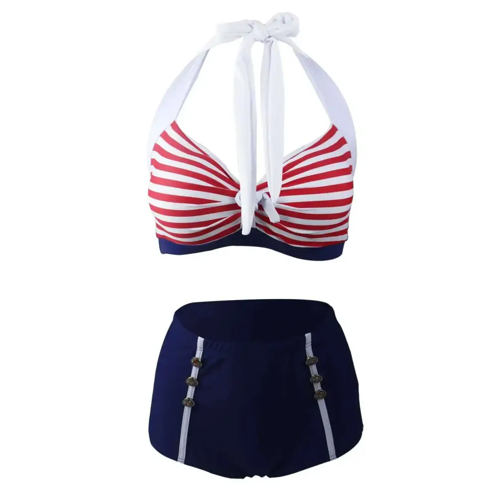 Womens floral halter high waist bikini with red and white striped padded push top and navy blue bottom with silver buttons