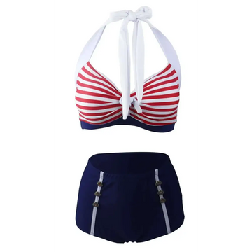 Womens floral halter high waist bikini with red and white striped padded push top and navy blue bottom with silver buttons