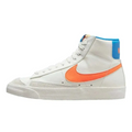 White nike blazer mid 77 high-top womens gymnastics shoes with vibrant orange swoosh and blue heel tab in size 8.5