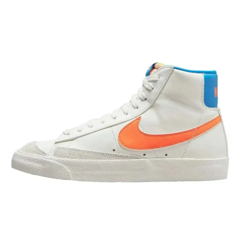 White nike blazer mid 77 high-top womens gymnastics shoes with vibrant orange swoosh and blue heel tab in size 8.5
