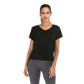 Black short-sleeved v-neck sports t-shirt with relaxed fit paired with women’s heather gray open back v-neck sports t-shirt