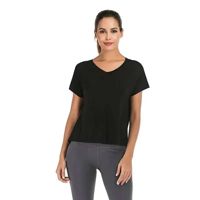 Black v-neck sports t-shirt with short sleeves and relaxed fit for women’s heather gray open back style