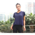 Navy blue v-neck sports t-shirt for women with loose fit short sleeves and asymmetrical hemline design
