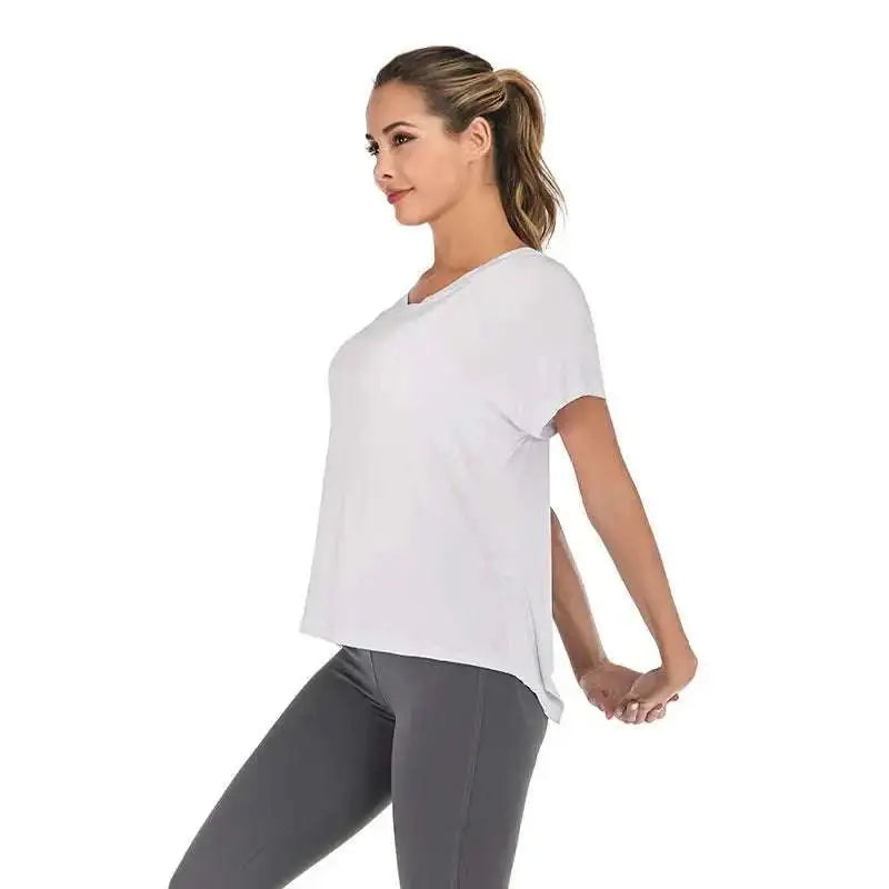 White short-sleeved athletic top with relaxed fit and asymmetrical hem for women’s heather gray v-neck sports t-shirt