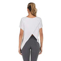 Women’s heather gray v-neck sports t-shirt with a relaxed fit and asymmetrical open back design visible from the back side