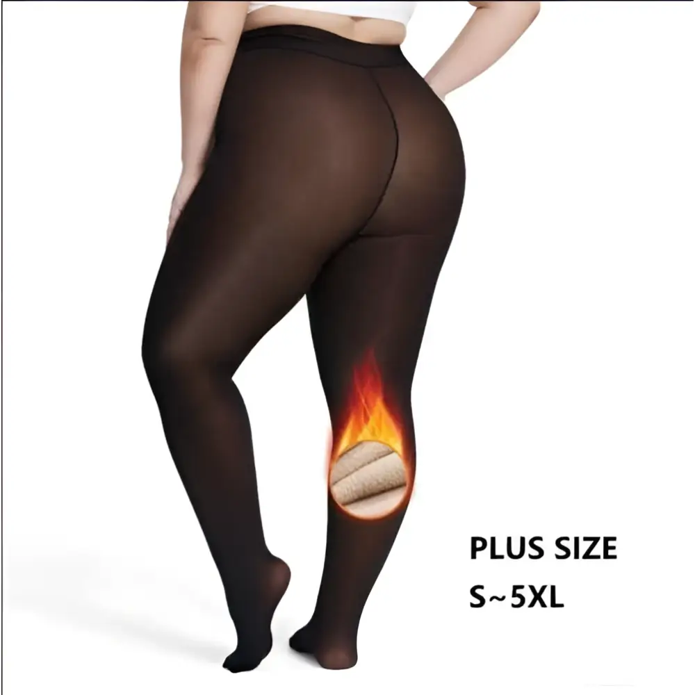 Black plus-size seamless hip lift stretch elastic leggings with flame graphic showing built-in thermal lining royal essence lux