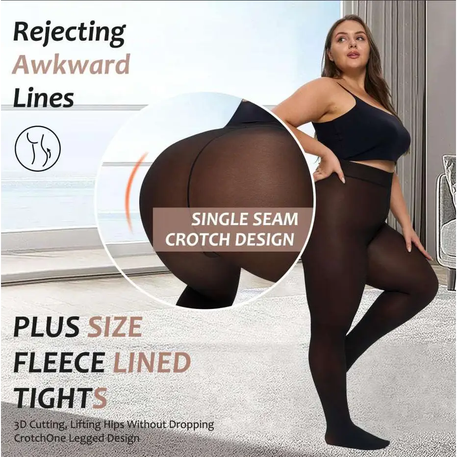 Black plus-size fleece-lined seamless hip lift leggings with single seam crotch design by Royale Essence Lux