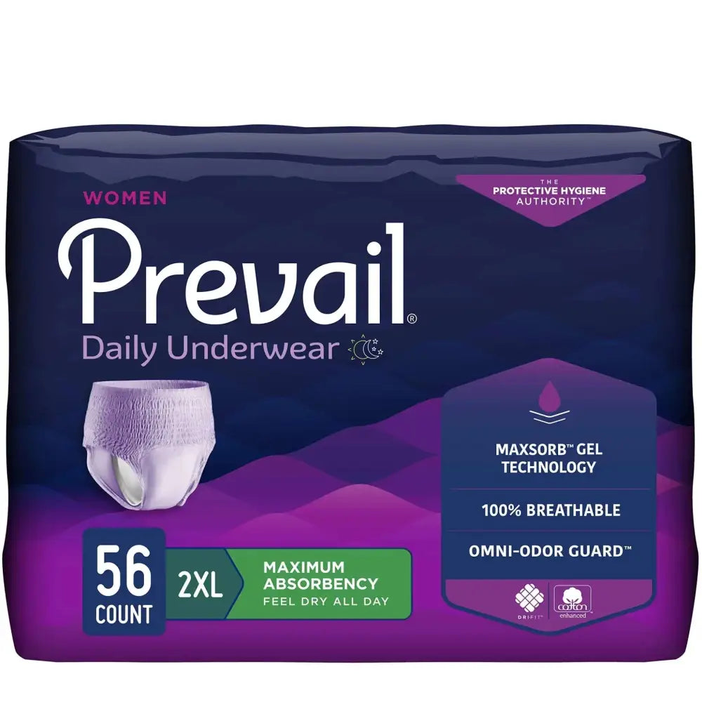 Womens incontinence protective underwear 2xl size 56 count purple and white prevail daily underwear