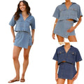 Women’s irregular denim short pantskirt suit in blue denim with short cropped shirt and matching mini skirt with pockets and buttons
