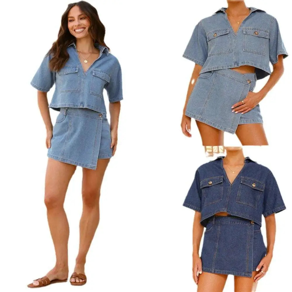 Women’s irregular denim short pantskirt suit in blue denim with short cropped shirt and matching mini skirt with pockets and buttons