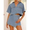 Women’s irregular denim short pantskirt suit featuring a light-wash cropped shirt and asymmetrical mini skirt