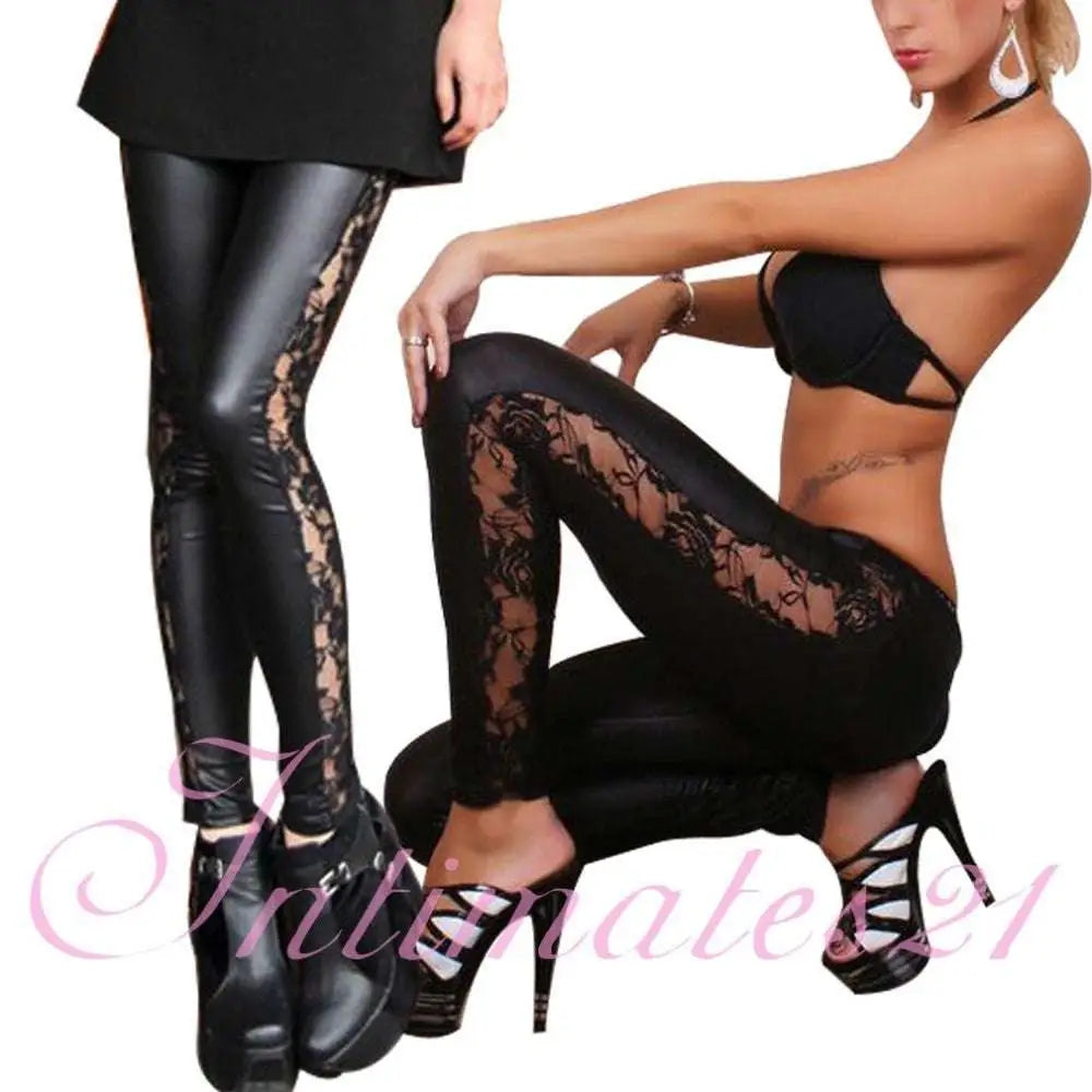 Black faux leather leggings for women featuring intricate lace detailing along the sides in lace leather leggings style