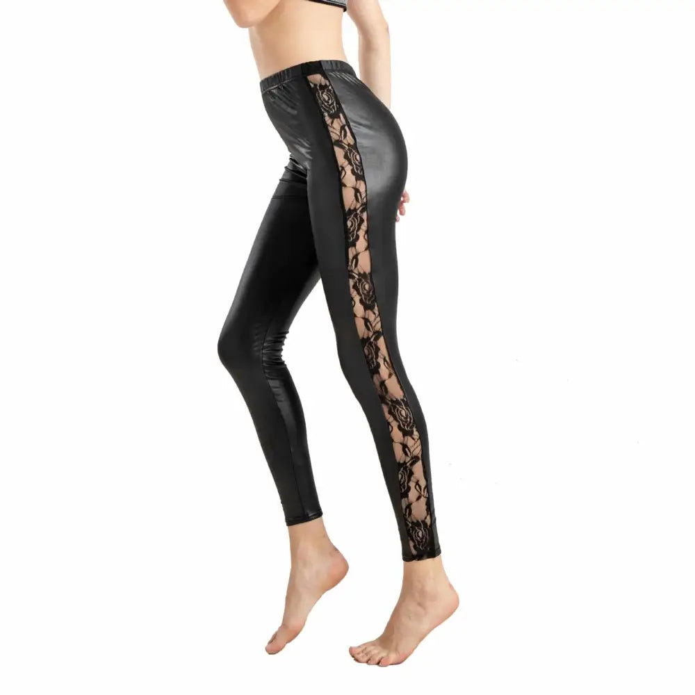 Black faux leather leggings for women featuring sheer black lace panels with floral embroidery on outer legs