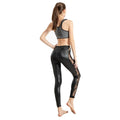 Black patent leather lace leather leggings for women with sheer lace side panels in faux leather material