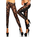 Women’s lace leather leggings in black featuring sheer intricate floral pattern on faux leather material