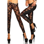 Women’s lace leather leggings in black featuring sheer intricate floral pattern on faux leather material