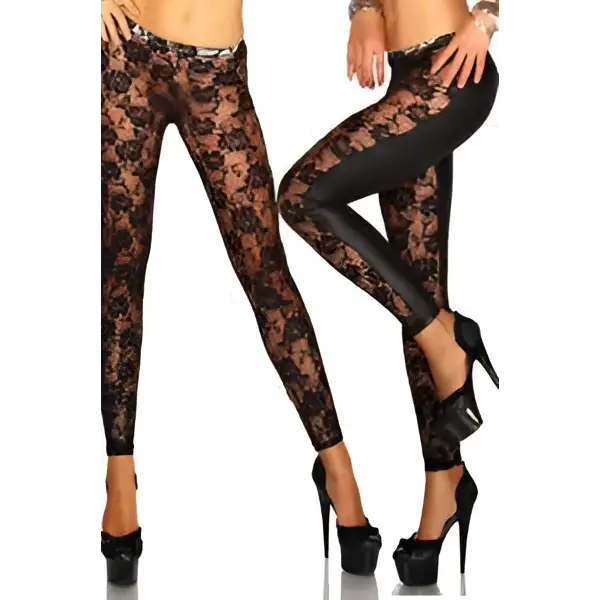 Women’s lace leather leggings in black featuring sheer intricate floral pattern on faux leather material