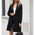 Black women’s long lightweight open collar suit jacket with sleek tailored fit and subtle sheen for formal wear