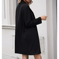 Black satin women’s long lightweight open collar suit jacket dress with long sleeves and a structured collar