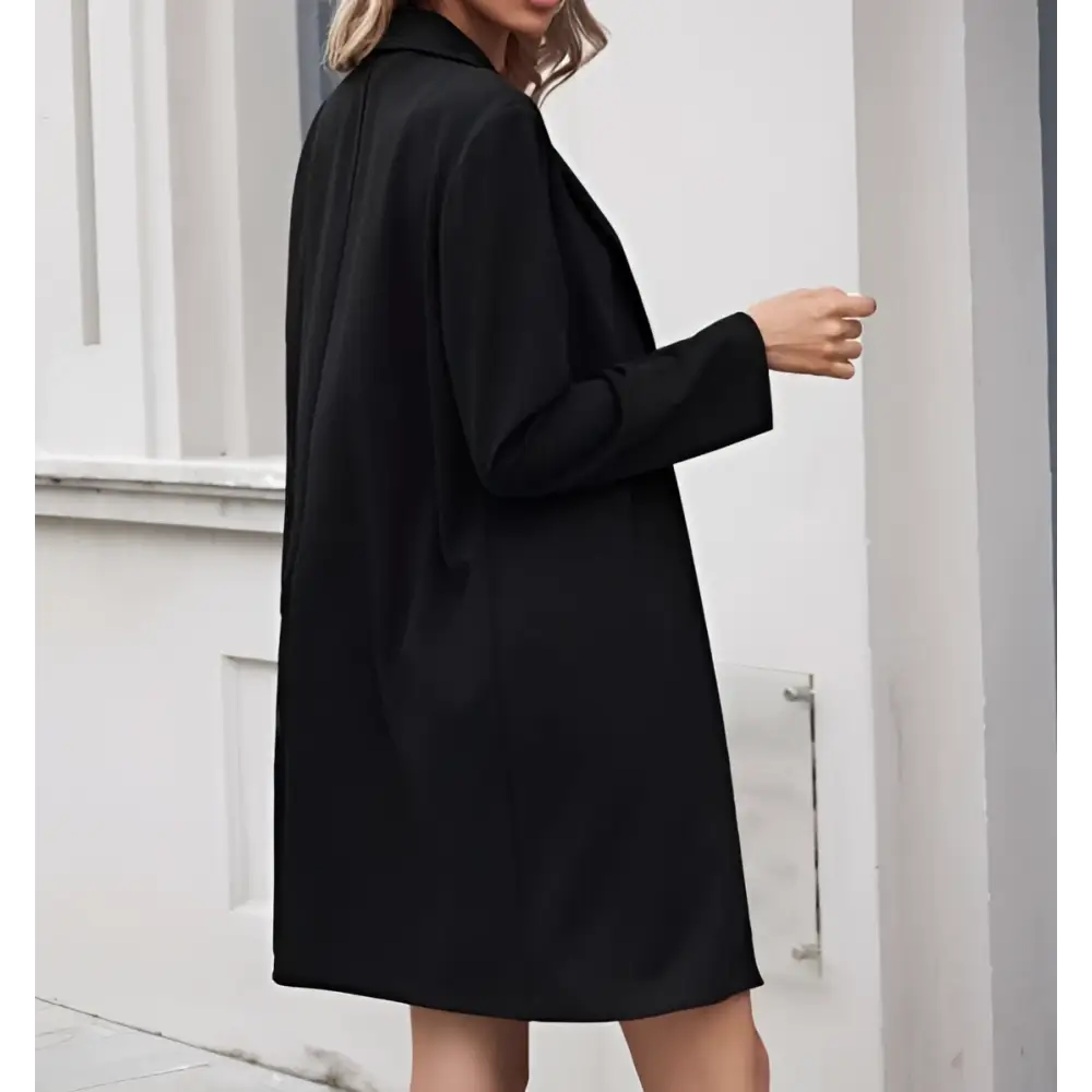 Black satin women’s long lightweight open collar suit jacket dress with long sleeves and a structured collar