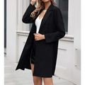 Women’s long lightweight open collar suit jacket in black with long sleeves and front closure blazer-style coat