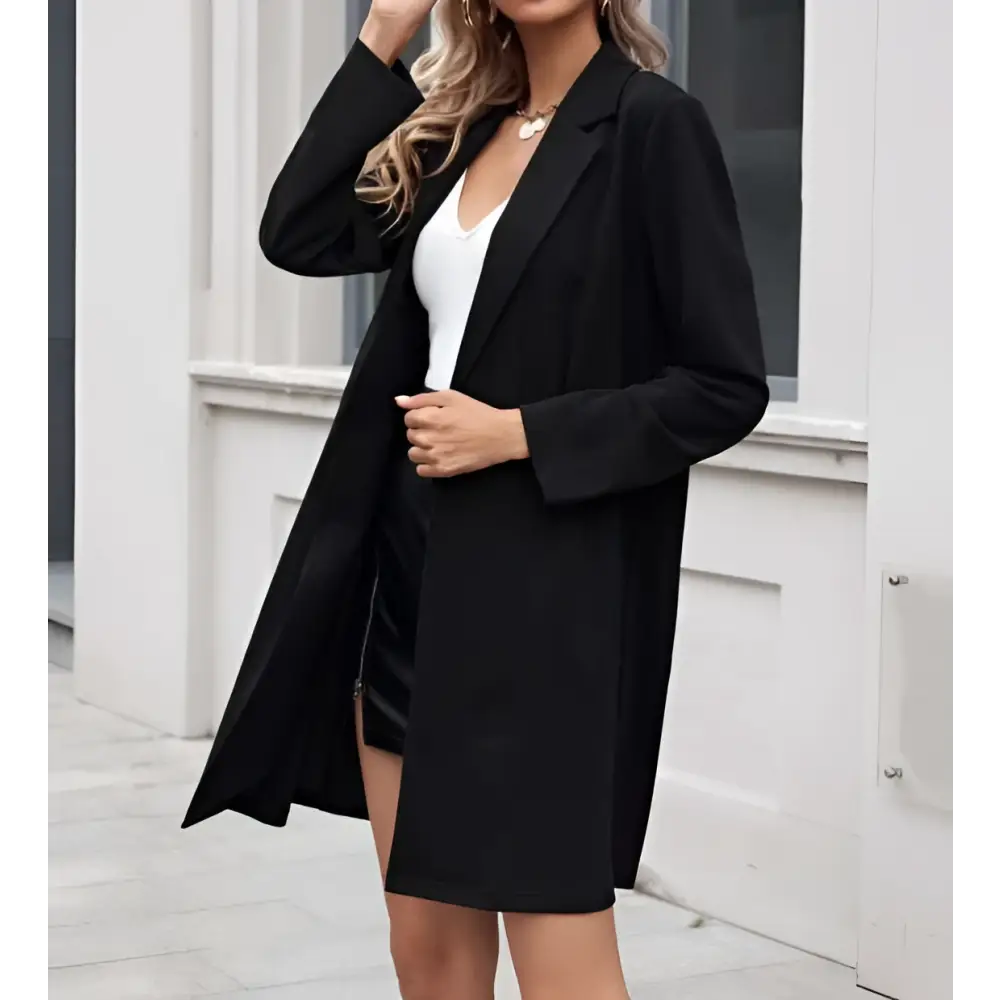 Women’s long lightweight open collar suit jacket in black with long sleeves and front closure blazer-style coat