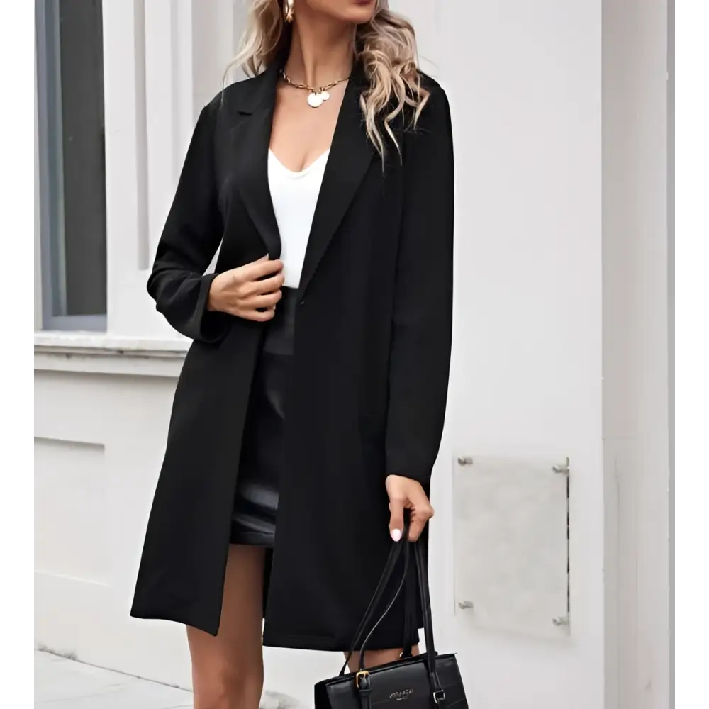 Women’s long lightweight open collar suit jacket in black with a sleek tailored fit and subtle sheen
