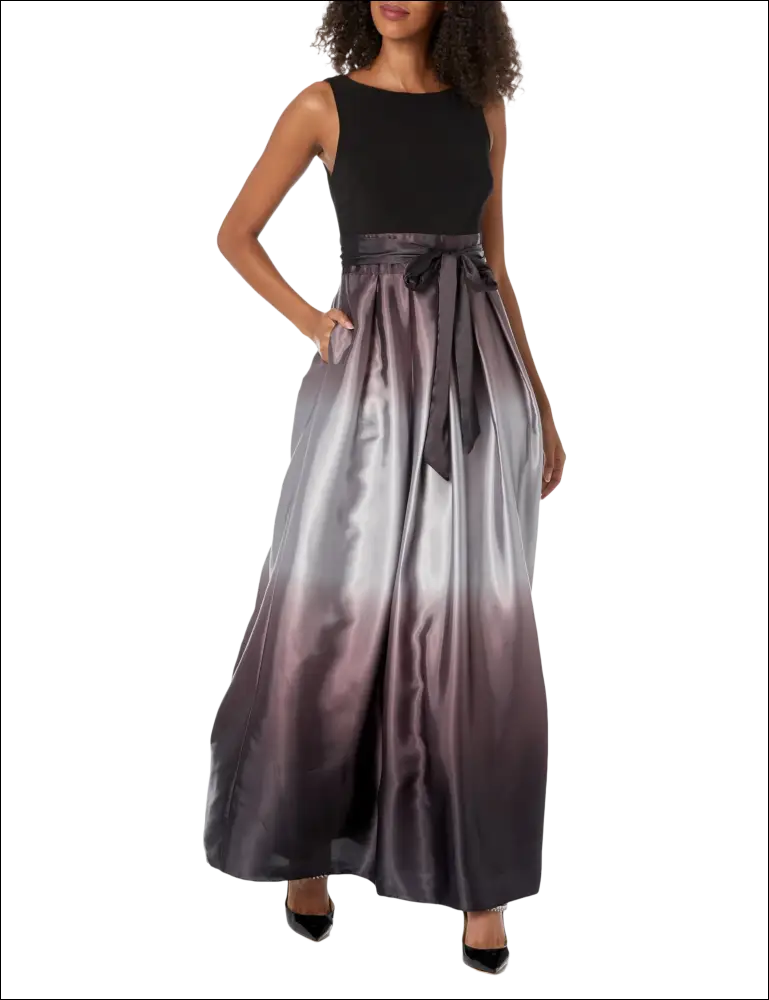 Womens long satin mother of the bride gown with a sleeveless black top and silver to deep purple gradient skirt