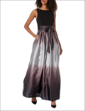 Womens long satin mother of the bride gown with a sleek black sleeveless top and gradient silver to deep purple skirt