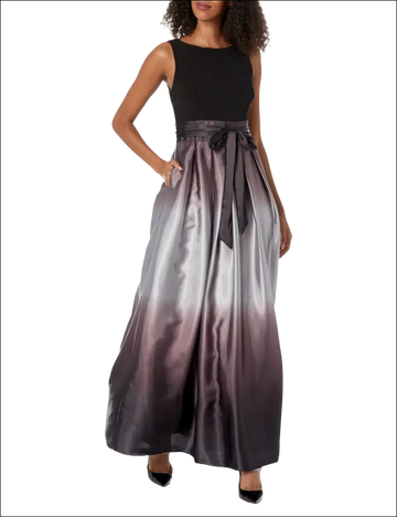 Womens long satin mother of the bride gown with a sleek black sleeveless top and gradient silver to deep purple skirt