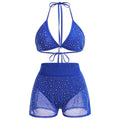 Womens blue rhinestone bikini set with mesh sheer sparkle fabric featuring a halter top and shorts for rave festival