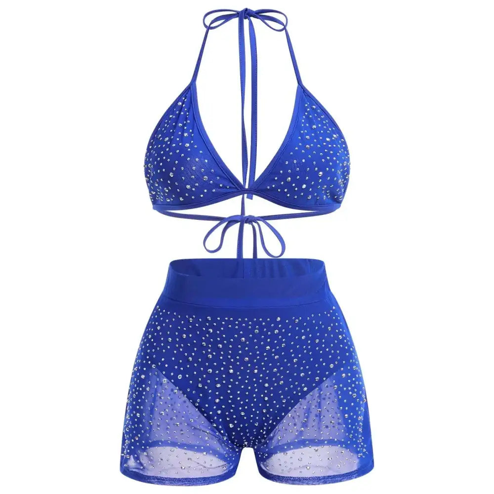 Womens blue rhinestone bikini set with mesh sheer sparkle fabric featuring a halter top and shorts for rave festival