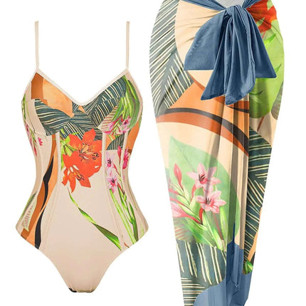 Womens One Piece Swimsuit with Cover Up Print Two Piece Swimsuit Cover Up Set Wrap Sarong Bathing Suit with Beach Coverup V Neck Swimsuit Sets with Matching Wrap Beige Floral Small - Royalessencelux