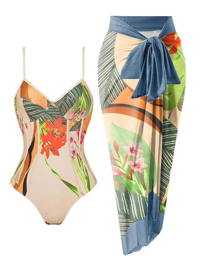 Womens One Piece Swimsuit with Cover Up Print Two Piece Swimsuit Cover Up Set Wrap Sarong Bathing Suit with Beach Coverup V Neck Swimsuit Sets with Matching Wrap Beige Floral Small - Royalessencelux