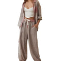 Women’s pink muted plaid cotton pajama set with button-up shirt and wide-leg pants dressing gown plaid outfit