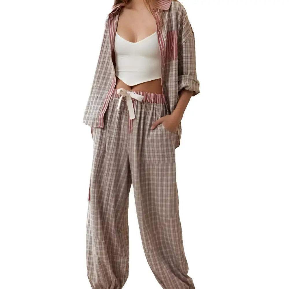 Women’s pink muted plaid cotton pajama set with button-up shirt and wide-leg pants dressing gown plaid outfit
