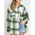Women’s plaid buckle long sleeve jacket in green and white plaid flannel with black trim oversized cozy fit