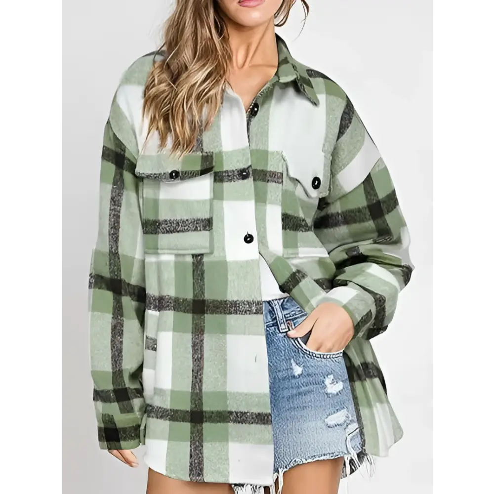 Women’s plaid buckle long sleeve jacket in green and white plaid flannel with black trim oversized cozy fit