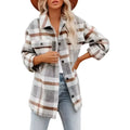 Women’s plaid buckle long sleeve jacket in plaid flannel with soft textured fabric in muted gray beige and brown tones
