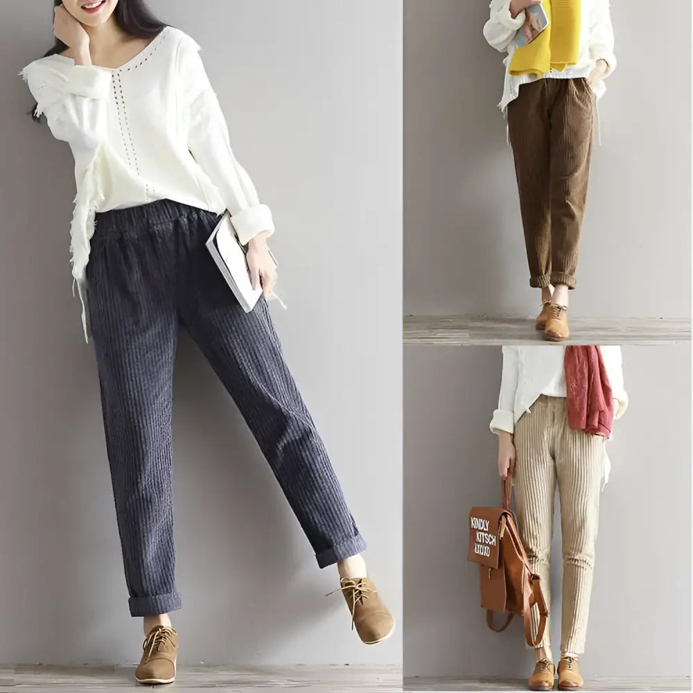 Women’s plus size dark blue corduroy casual trousers with relaxed fit and rolled cuffs for comfortable wear