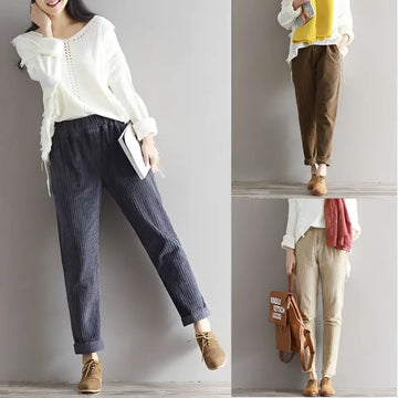 Women’s plus size dark blue corduroy casual trousers with relaxed fit and rolled cuffs for comfortable wear