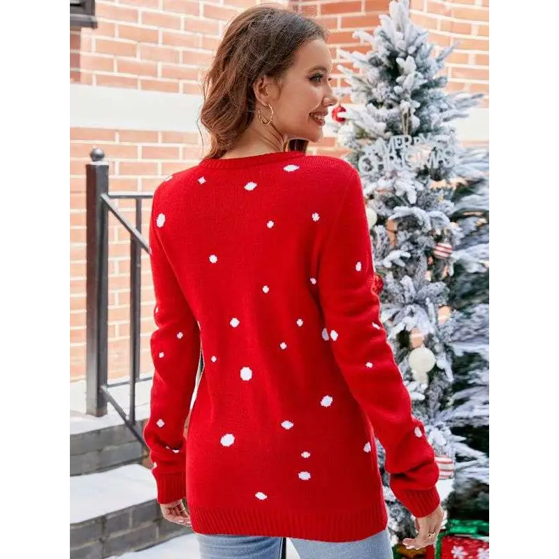 Red knit women’s santa pullover sweater with white snowflake pattern perfect festive pullover sweater for winter