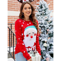 Red knit women’s santa pullover sweater with embroidered santa face, turquoise hat trim, and snowflake pattern polka dots