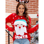 Women’s santa pullover festive pullover sweater in red knit with snowflake pattern and embroidered santa face detail