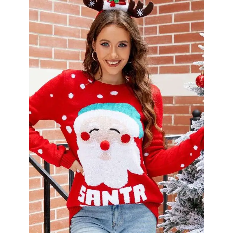 Women’s santa pullover festive pullover sweater in red knit with snowflake pattern and embroidered santa face detail