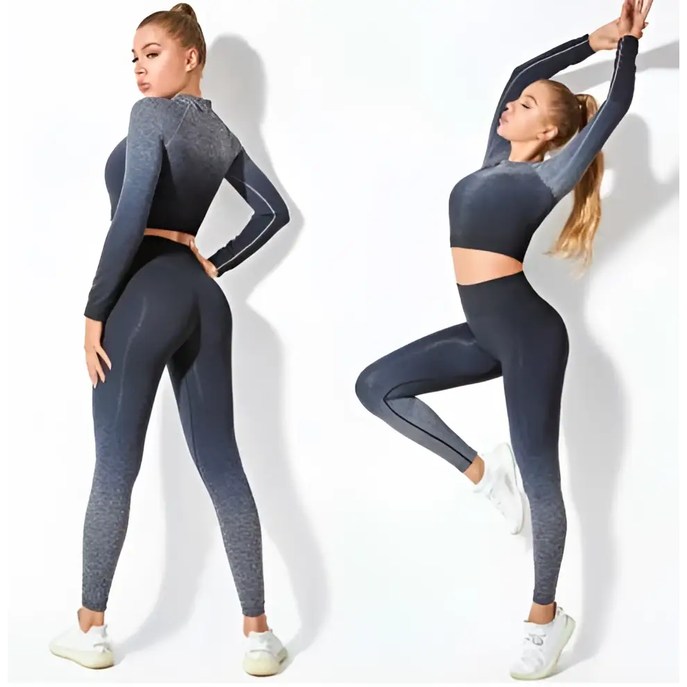 Women’s seamless gradient long sleeve yoga set in pink featuring a crop top and matching leggings seamless fabric
