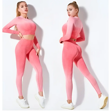 Women’s seamless gradient long sleeve yoga set in pink featuring a crop top and matching leggings seamless fabric