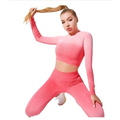 Women’s seamless gradient long sleeve yoga set in vibrant pink made from textured stretchy fabric featuring crop top and leggings