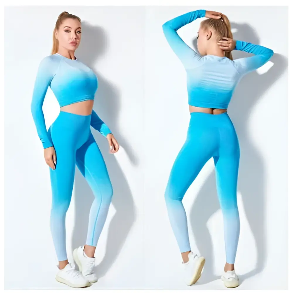 A vibrant blue seamless gradient long sleeve yoga set featuring a crop top and matching leggings for women