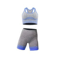 Women’s seamless yoga two-piece set in gray heathered blue gradient with ribbed detailing for hip lifting workout